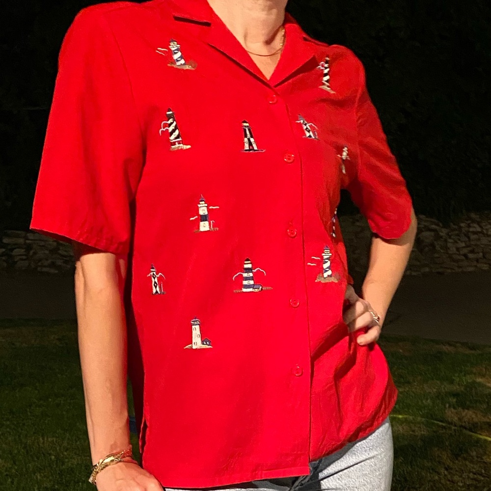 Super fun vintage lighthouse button up red blouse